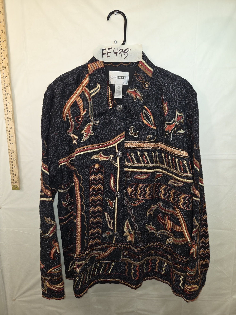 Chico's Black Embroidered Button-Front Jacket with Gold & Red Accents